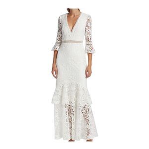 Monique Lhuillier Three-Quarter Sleeve White Lace Trumpet Gown Size 6